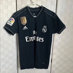 adidas Black Real Madrid Away Jersey with White Logos /ronaldo on back.